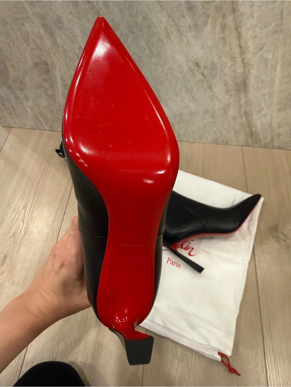 Christian Louboutin Black Over-the-Knee Pointed-Toe Stiletto Boots with Red Sole